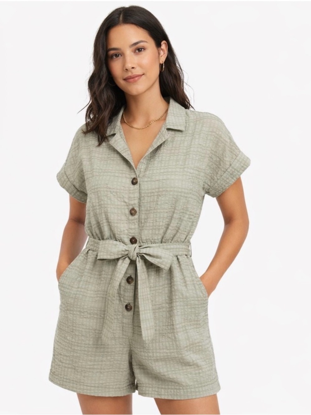 Madewell Seersucker Camp Romper Sage Green Belted Button Front Size Medium